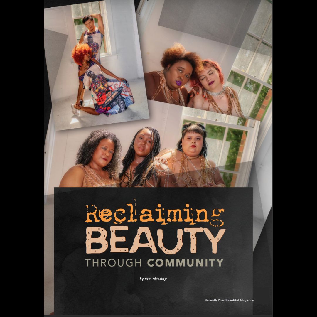 Reclaiming Beauty Through Community headline in front of a collage of models in a variety of poses. Models are plus size and straight size. Models are women, nonbinary, Black, white, and Indigenous.