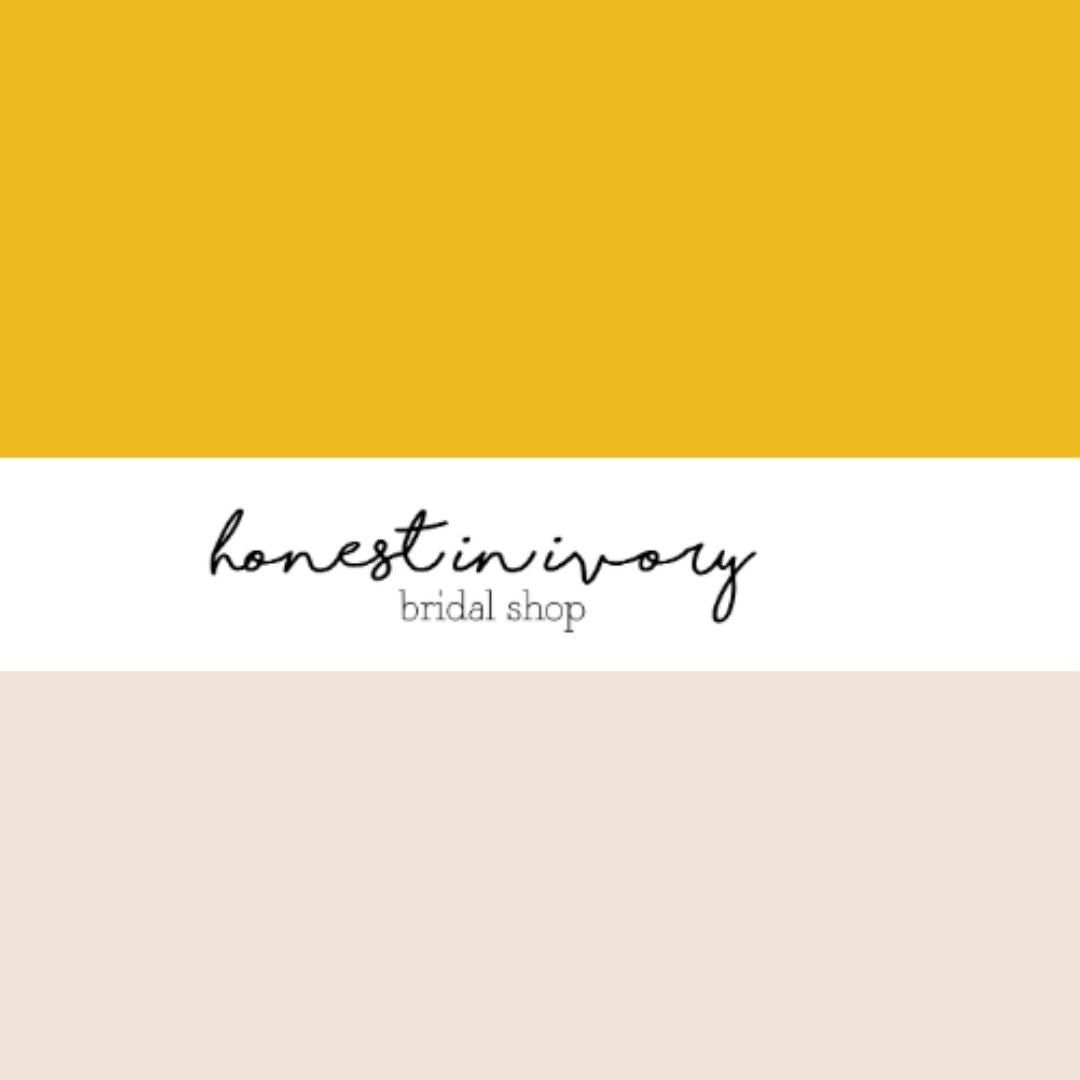 Honest in Ivory logo - black cursive words over a white background. Marigold stripe above the logo and beige stripe below.