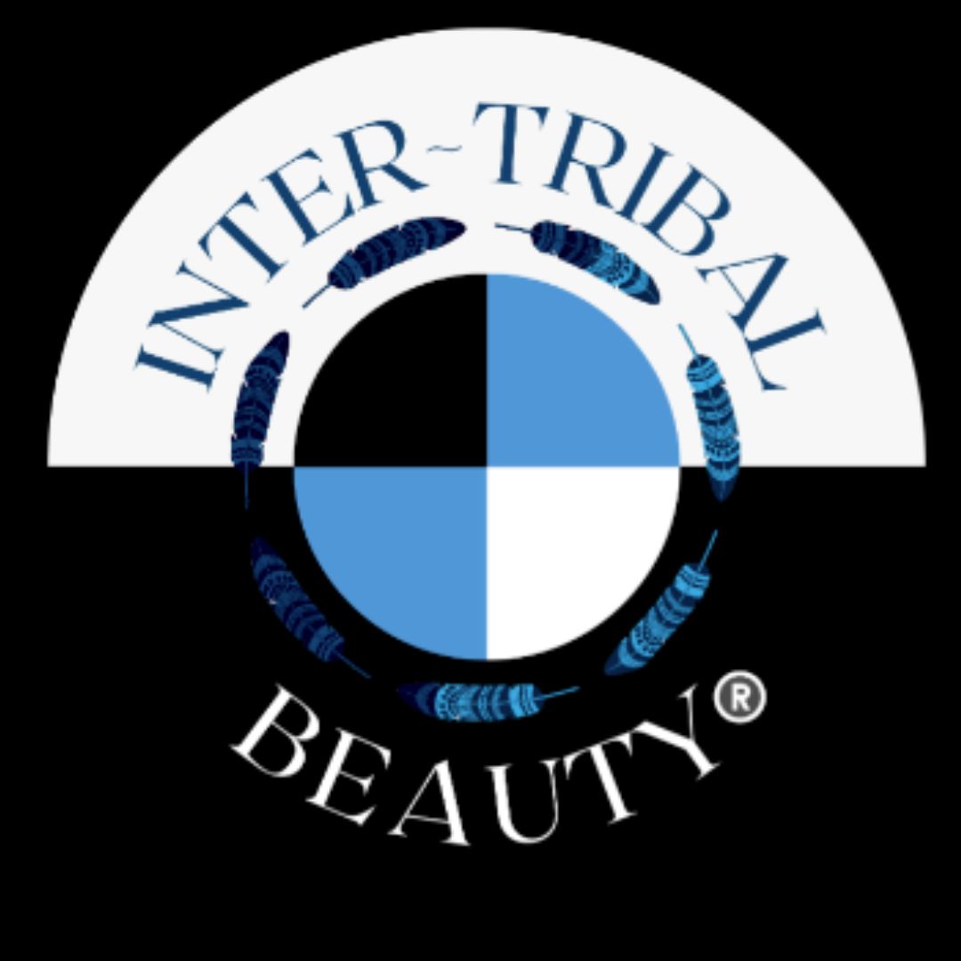 Inter-Tribal Beauty logo - blue, black, and white medicine wheel with blue and black feathers surrounding
