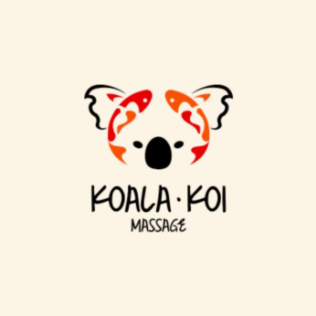 Koala Koi Massage logo - Koala bear with orange koi fish as the sides of the bear's face