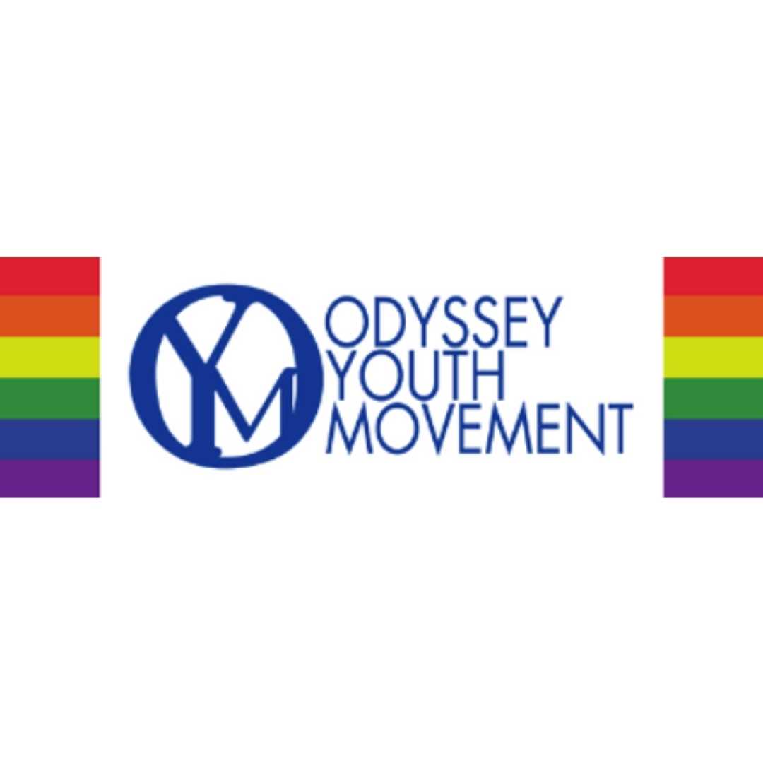 Odyssey Youth Movement in blue letters with a rainbow showing on both sides